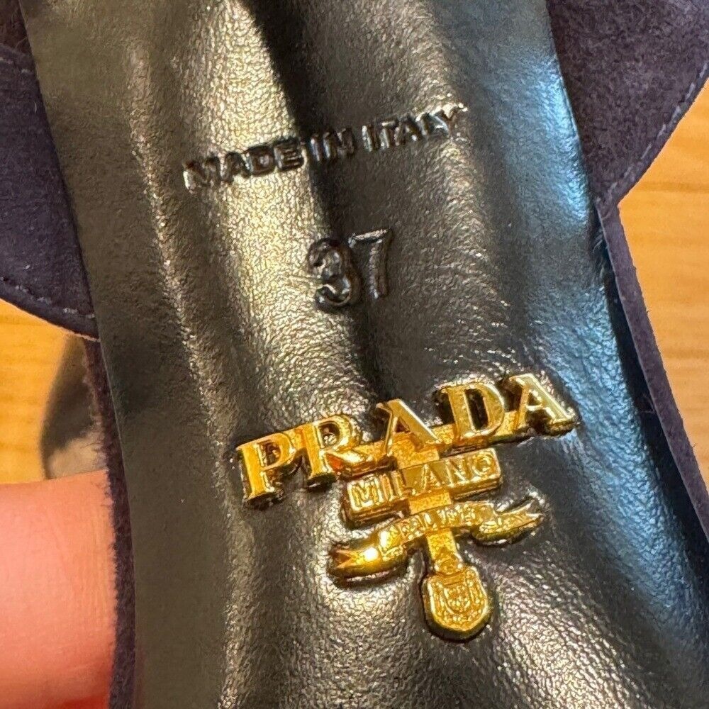 Prada‎  Navy Blue Suede Strappy Cut out Heel Sandal Size 37 - Picture 5 of 8